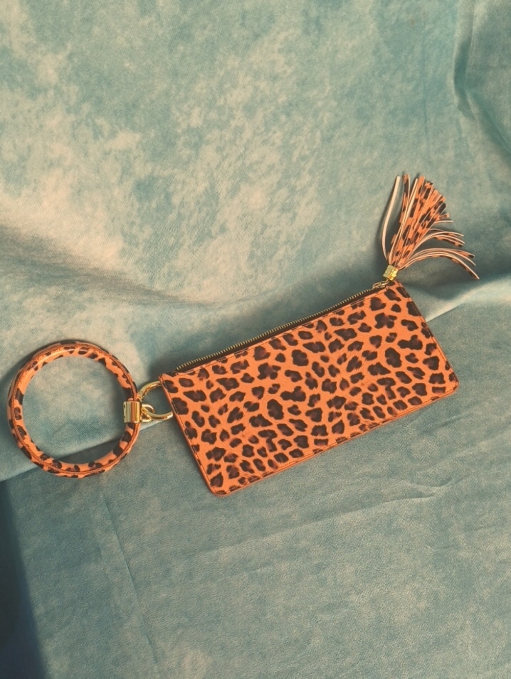 Leopard Cheetah Print PVC Long Zippy Tassel Bangle Wristlet Clutch Purse Bag